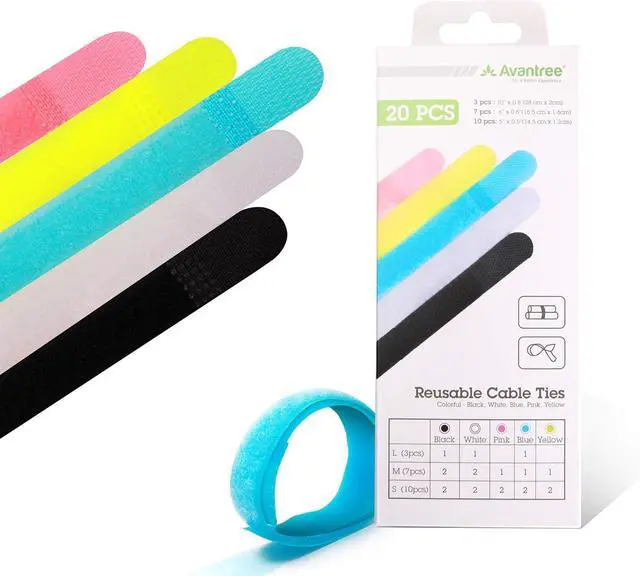 Main image of Avantree Cable Ties - 20-Pack Reusable Cord Organizers, 3 Sizes | Organize earbud, phone, computer, and electronic cables with reusable ties.