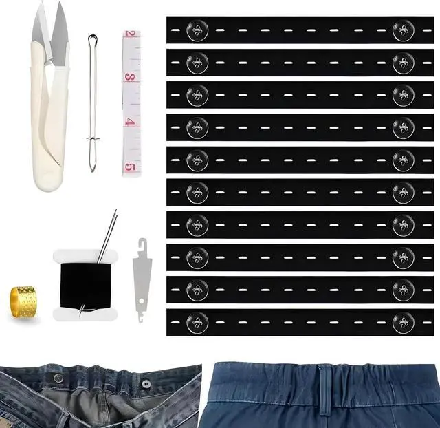 Main image of Elastic Waist Tightener for Pants with Transparent Resin Buttons | Adjustable sewing elastic waistband repair kit. Includes 4-hole resin buttons & threader for oversized pants and jeans.