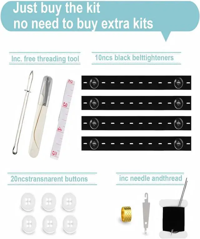 Alt view image 2 of 7 - Elastic Waist Tightener for Pants with Transparent Resin Buttons | Adjustable sewing elastic waistband repair kit. Includes 4-hole resin buttons & threader for oversized pants and jeans.