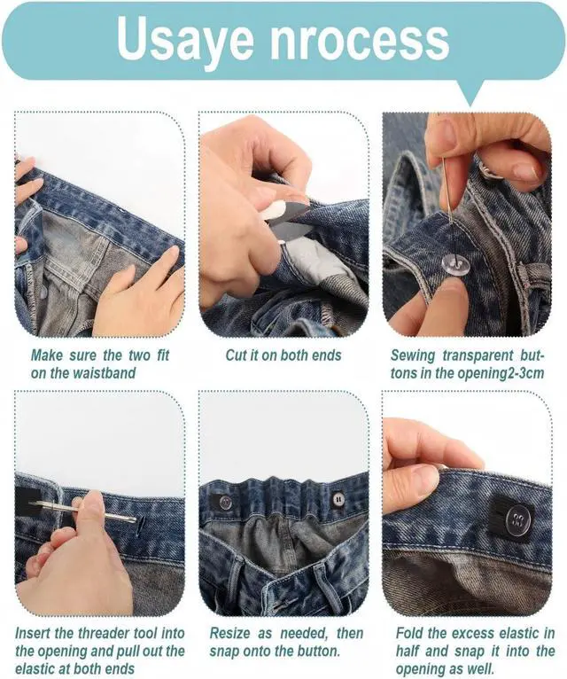Alt view image 4 of 7 - Elastic Waist Tightener for Pants with Transparent Resin Buttons | Adjustable sewing elastic waistband repair kit. Includes 4-hole resin buttons & threader for oversized pants and jeans.