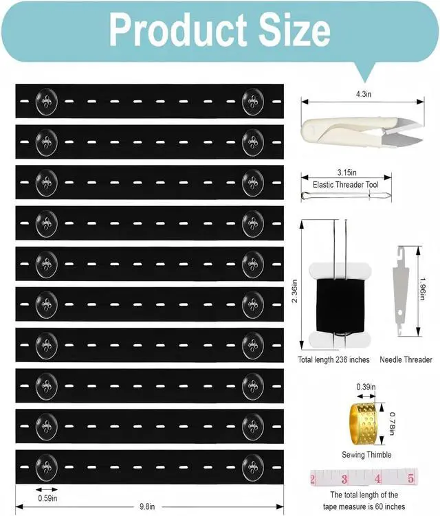 Alt view image 7 of 7 - Elastic Waist Tightener for Pants with Transparent Resin Buttons | Adjustable sewing elastic waistband repair kit. Includes 4-hole resin buttons & threader for oversized pants and jeans.