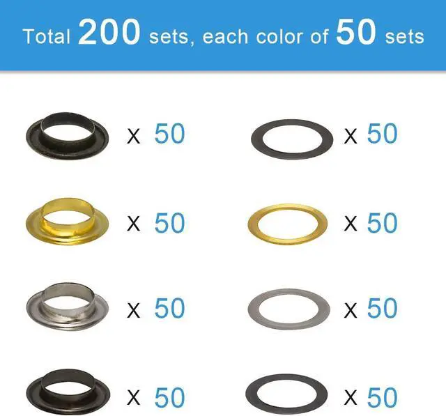 Alt view image 2 of 7 - Luxiv 200 Sets 1/4In Grommet Kit, 4 Color Metal Eyelets with Tools and Box | 200 Metal Eyelets Kits, 4 Colors, 3 Setting Tools And Storage Box, For Leather, Fabric, Bags, Shoes And Crafts