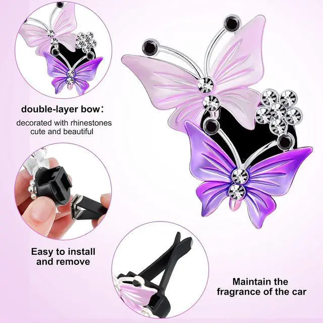 Alt view image 4 of 6 - 4 Pcs Car Air Freshener Vent Clips Dual Butterfly, Pink, Purple | Purple Butterfly Vent Air Freshener for Car, Perfume Clip, Aroma Diffuser Decoration
