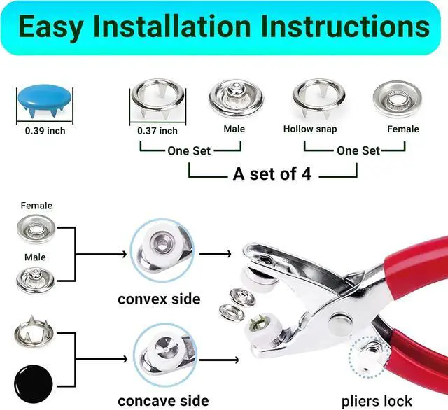 Alt view image 3 of 7 - PIGORY Metal Snap Button Kit, 10 Colors Solid Snaps for Fabric with Fastener Pliers Press Tool Kit, 9.5mm Sewing Snaps for DIY Crafting Clothing(100Set)
