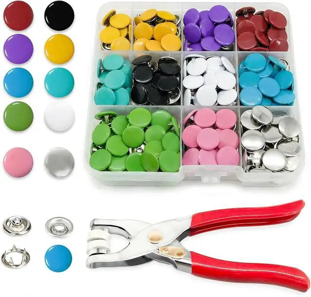 Main image of PIGORY Metal Snap Button Kit, 10 Colors Solid Snaps for Fabric with Fastener Pliers Press Tool Kit, 9.5mm Sewing Snaps for DIY Crafting Clothing(100Set)