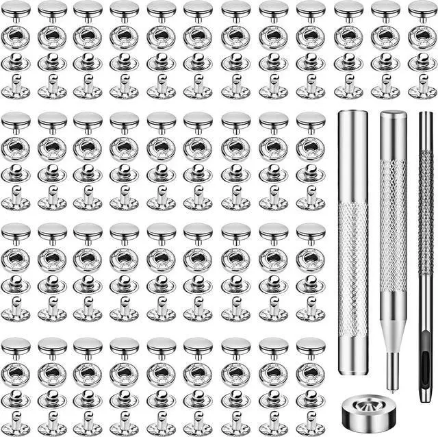 Main image of TLKKUE 50 Sets Leather Snap Fasteners Kit 10mm Silver Metal Snap Buttons | Stainless Steel with 4pcs Snap Fastener Installation Tools for Sewing Clothing, Bracelets, Jackets, Bags Belt, DIY Crafts