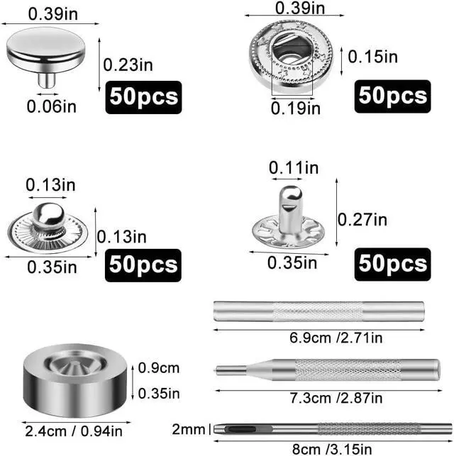 Alt view image 2 of 7 - TLKKUE 50 Sets Leather Snap Fasteners Kit 10mm Silver Metal Snap Buttons | Stainless Steel with 4pcs Snap Fastener Installation Tools for Sewing Clothing, Bracelets, Jackets, Bags Belt, DIY Crafts