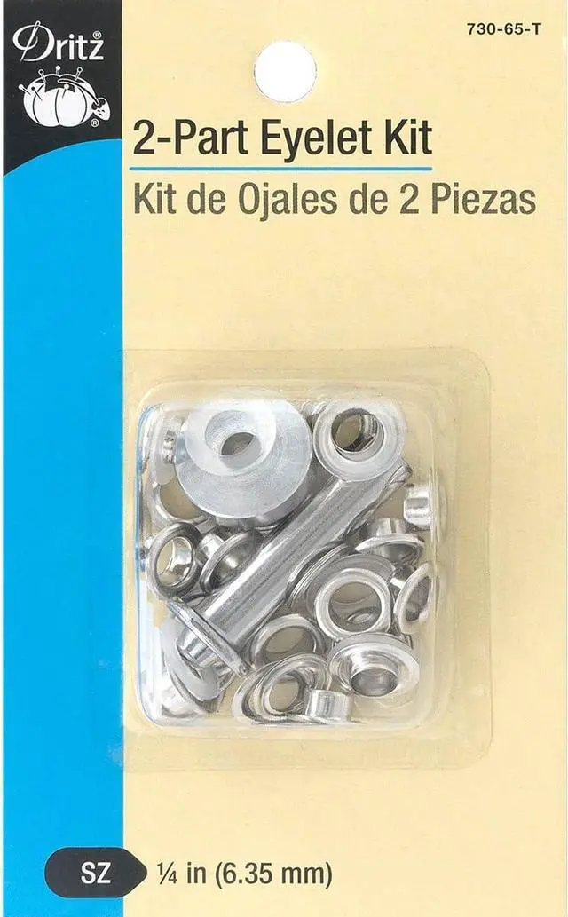 Main image of Dritz 730-65-T 2-Part Eyelets Kit with Tools, Nickel, 1/4-Inch 15-Count