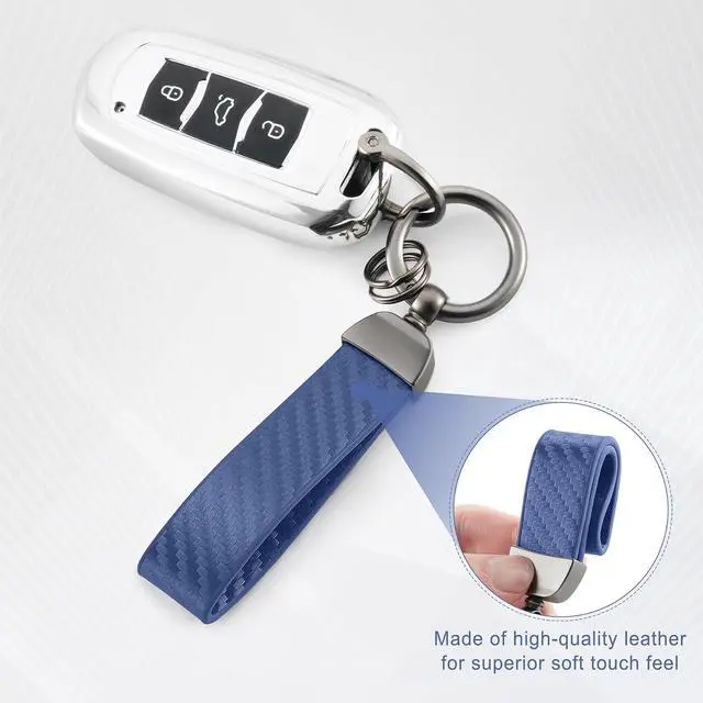 Alt view image 3 of 6 - JUSTTOP Leather Keychain, Carbon Fiber Car Key Chain with Anti-Lost D-Ring and 2 Key Ring, Keychain Wristlet, Car Accessories, Universal Keychain for Men and Women (Blue)