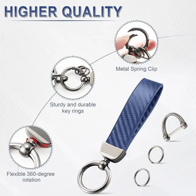 Alt view image 4 of 6 - JUSTTOP Leather Keychain, Carbon Fiber Car Key Chain with Anti-Lost D-Ring and 2 Key Ring, Keychain Wristlet, Car Accessories, Universal Keychain for Men and Women (Blue)