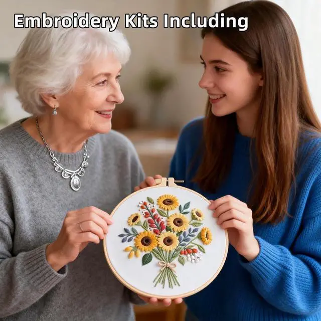 Alt view image 6 of 7 - Herdiese Embroidery Kit for Beginners & Adults with Flower Pattern | Stamped Cross Stitch Kit Including Fabric, Hoop, Threads, Needles & Instructions, Complete DIY Hand Sewing Craft Set