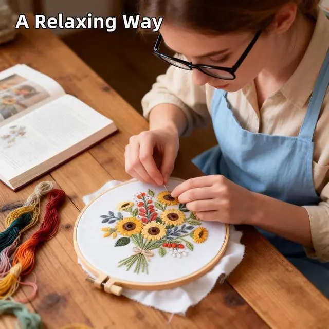 Alt view image 7 of 7 - Herdiese Embroidery Kit for Beginners & Adults with Flower Pattern | Stamped Cross Stitch Kit Including Fabric, Hoop, Threads, Needles & Instructions, Complete DIY Hand Sewing Craft Set
