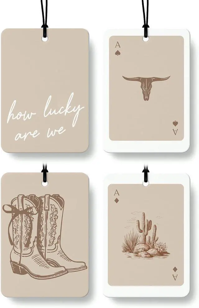 Main image of Boho Beige Western Car Air Freshener 4 Pcs, Preppy Cowgirl Cow Skull Cactus Ace Card Hanging Air Freshener for Cars Closet Drawer Books, Cute Western Car Accessories Mirror Decor for Women