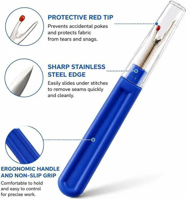 Alt view image 3 of 6 - CampTek Seam Ripper & Thread Remover Kit - Professional Ergonomic Stitch Cutter Tools for Quilting, Leather, Denim, Cross Stitch | Sewing Supplies with Patch Remover, Durable Sewing Kit Tools (Blue)