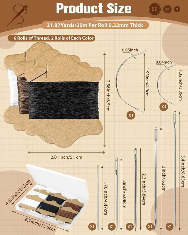 Alt view image 2 of 6 - FIVEIZERO Upholstery Repair Sewing Kit, Leather Sewing Kit, 126 Yards Upholstery Thread&7Pcs Heavy Duty Needles, Leather Thread, Curved Needles for Quilting & Hand Stitching (3 Colors)