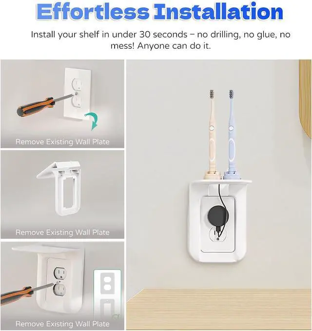 Alt view image 6 of 7 - Outlet Shelf Wall Bathroom Shelf, Bathroom Wall Decor for Google Home/Echo/Smart Speakers(up to 10lbs), Smart Home Decor, Toothbrush, Kitchen, Cell Phone, Space Saving Power Tools, White