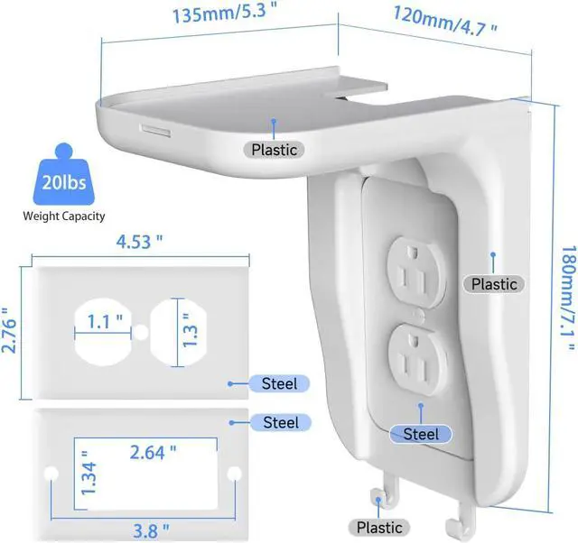 Alt view image 3 of 7 - Suptek Wall Outlet Shelf, Home Wall Shelf Organizer for Outlets, Perfect for Bathroom, Kitchen, Bedrooms,Ideal for Cell Phone,Speaker up to 20lbs,with Cable Management and Detachable Hooks,White(S3W)