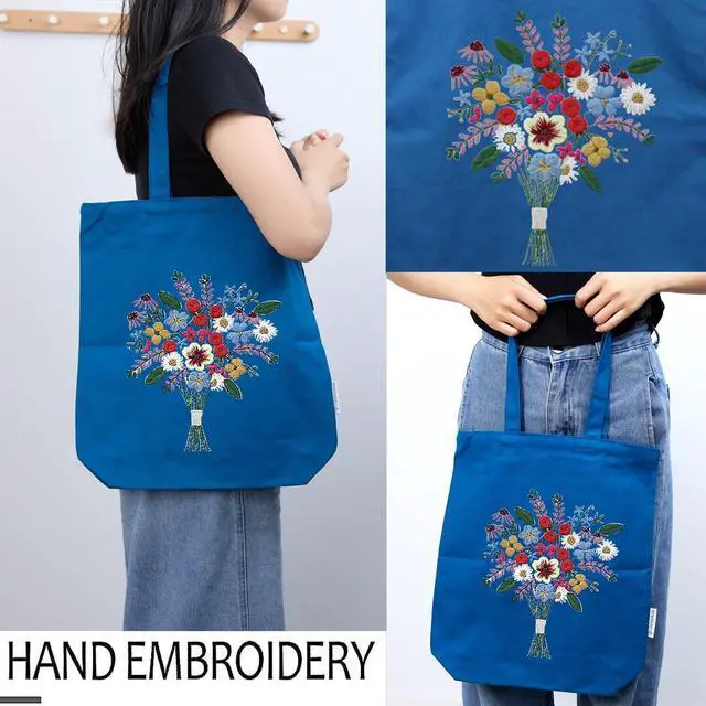 Alt view image 2 of 7 - CREAWONDER Canvas Tote Bag Embroidery Kit with Pattern for Beginners, Arts and DIY Embroidery Crafts Kits for Adults, Include Instructions, Thimble, Embroidery Hoops, Color Threads and Tool