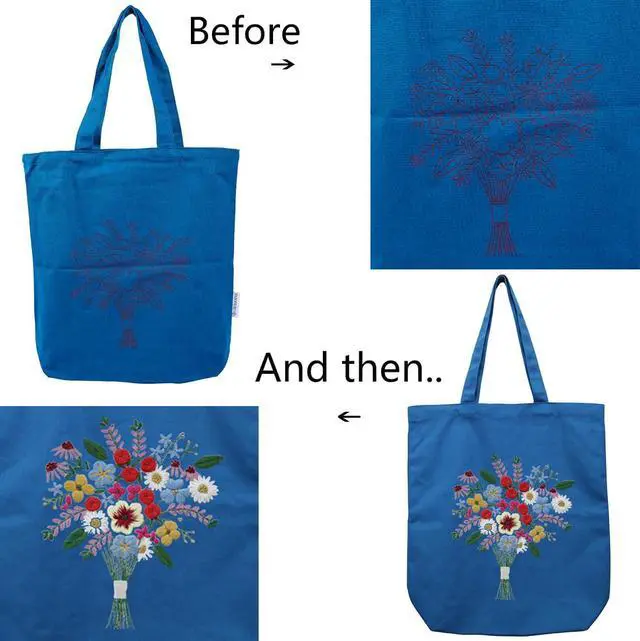 Alt view image 5 of 7 - CREAWONDER Canvas Tote Bag Embroidery Kit with Pattern for Beginners, Arts and DIY Embroidery Crafts Kits for Adults, Include Instructions, Thimble, Embroidery Hoops, Color Threads and Tool