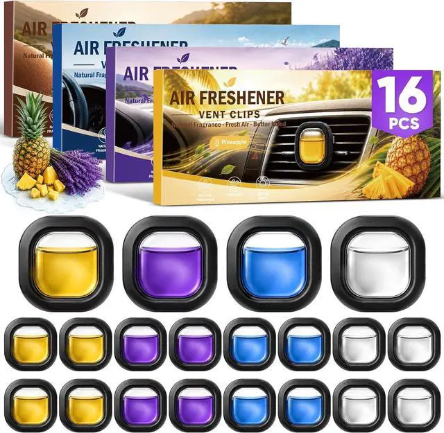 Main image of 16 Pack Car Air Freshener Vent Clips, 4 Plant-Based Scents, Car Fresheners | 16 car vent air fresheners with plant-based fragrance extracts; 4 each in Pineapple, Lavender, Ocean and New Car
