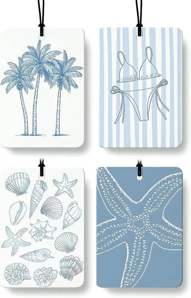 Main image of Blue Beach Car Air Freshener 4 PCs, Preppy Girly Beach Shells Starfish Palm Trees Hanging Air Freshener for Cars Closet Drawer Books, Cute Beachy Car Accessories Mirror Decor for Women