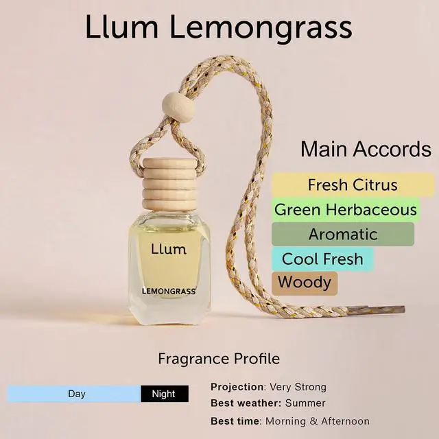 Alt view image 2 of 7 - Llum Lemongrass Hanging Car Air Freshener Luxury Automotive Perfume Diffuser 10ml (0.34 fl oz), Long-Lasting Fragrance, Alcohol-Free Non-Toxic Car Scent, Glass Bottle With Wood Cap