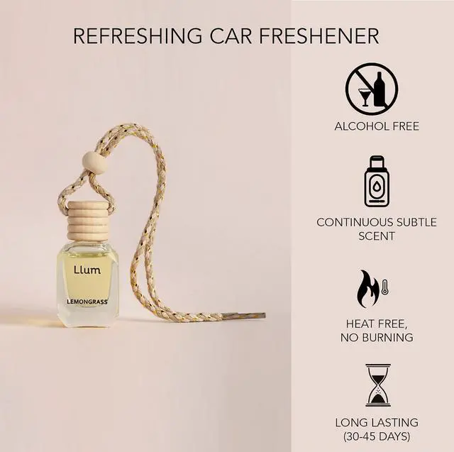 Alt view image 7 of 7 - Llum Lemongrass Hanging Car Air Freshener Luxury Automotive Perfume Diffuser 10ml (0.34 fl oz), Long-Lasting Fragrance, Alcohol-Free Non-Toxic Car Scent, Glass Bottle With Wood Cap