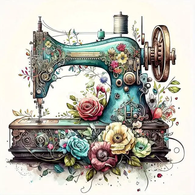 Main image of Sewing Machine Stamped Cross Stitch Kit for Adults 13.7x13.7 inches | Flower 11CT Stamped Cross Stitch for Adults & Beginners,Embroidery Kit with Wall Decor