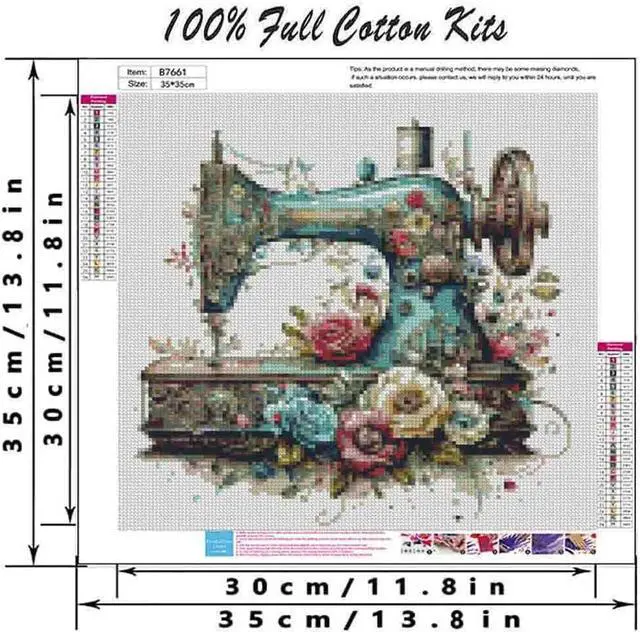 Alt view image 2 of 7 - Sewing Machine Stamped Cross Stitch Kit for Adults 13.7x13.7 inches | Flower 11CT Stamped Cross Stitch for Adults & Beginners,Embroidery Kit with Wall Decor