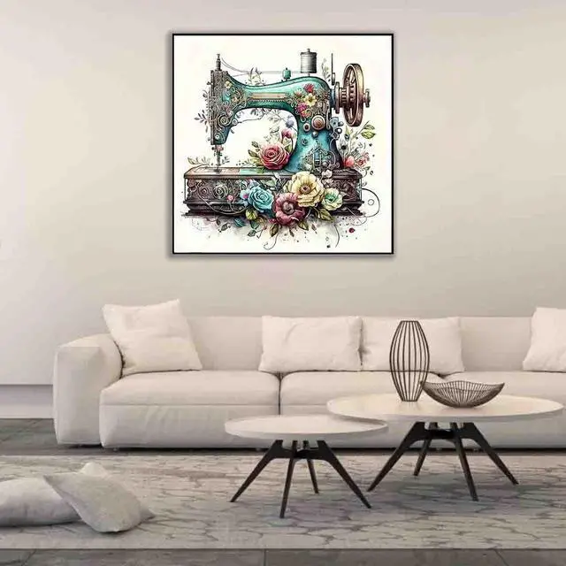 Alt view image 3 of 7 - Sewing Machine Stamped Cross Stitch Kit for Adults 13.7x13.7 inches | Flower 11CT Stamped Cross Stitch for Adults & Beginners,Embroidery Kit with Wall Decor