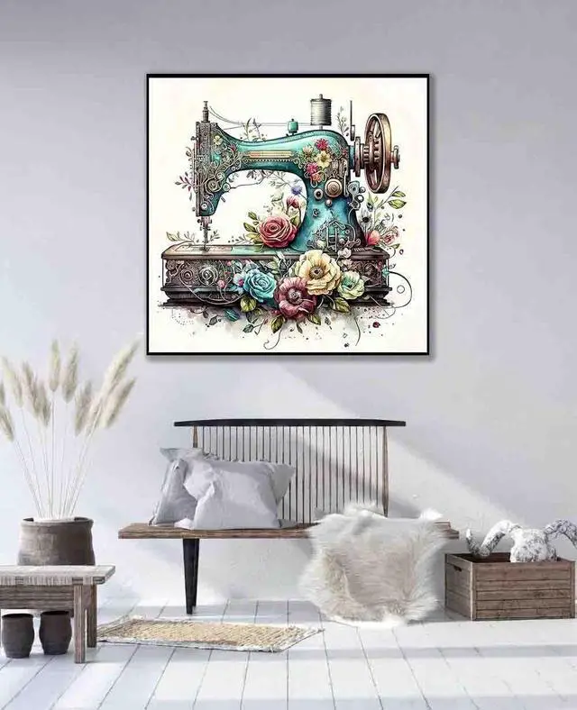 Alt view image 4 of 7 - Sewing Machine Stamped Cross Stitch Kit for Adults 13.7x13.7 inches | Flower 11CT Stamped Cross Stitch for Adults & Beginners,Embroidery Kit with Wall Decor