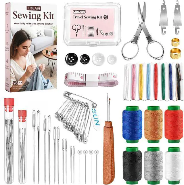 Main image of LIBLAIN Sewing Kit with Big Eye Steel Needles for Adults | Needle and Thread Kit for Hand Sewing, 43Pcs Mini Travel Sewing Kit Included, 78Pcs