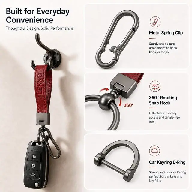 Alt view image 4 of 7 - Leather Car Keychain with Anti-Loss D-Ring for Key Fobs, for Men and Women | Durable Leather, Secure-Lock D-Ring, Rustproof Hardware, For Car And House Keys, Lightweight Daily Key Accessory