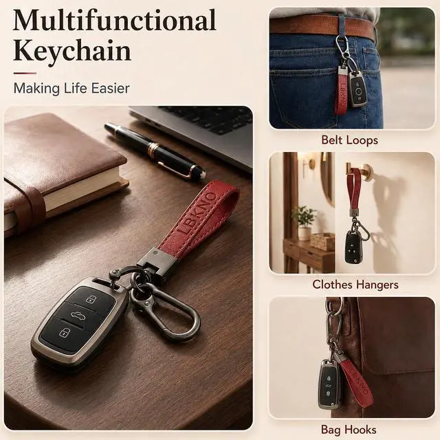 Alt view image 7 of 7 - Leather Car Keychain with Anti-Loss D-Ring for Key Fobs, for Men and Women | Durable Leather, Secure-Lock D-Ring, Rustproof Hardware, For Car And House Keys, Lightweight Daily Key Accessory