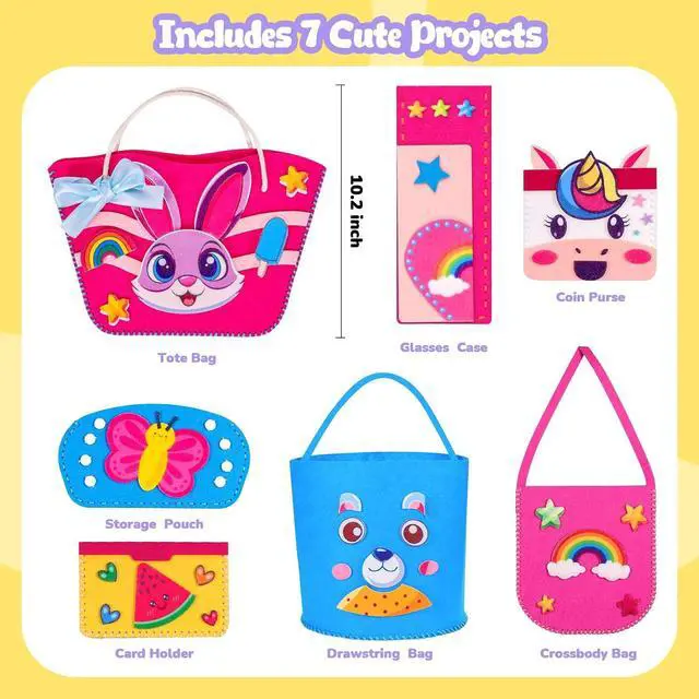 Alt view image 2 of 7 - MGparty My First Kids Sewing Kit, DIY Arts & Crafts Set with 7 Felt Bag Projects, Beginner Sewing Activities for Kids Ages 5+, Creative Learning Craft Kit, Birthday Gifts for Boys & Girls