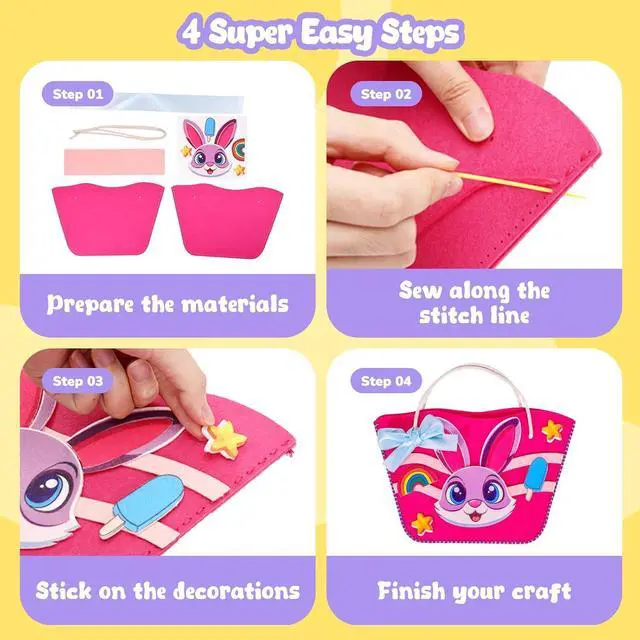 Alt view image 4 of 7 - MGparty My First Kids Sewing Kit, DIY Arts & Crafts Set with 7 Felt Bag Projects, Beginner Sewing Activities for Kids Ages 5+, Creative Learning Craft Kit, Birthday Gifts for Boys & Girls