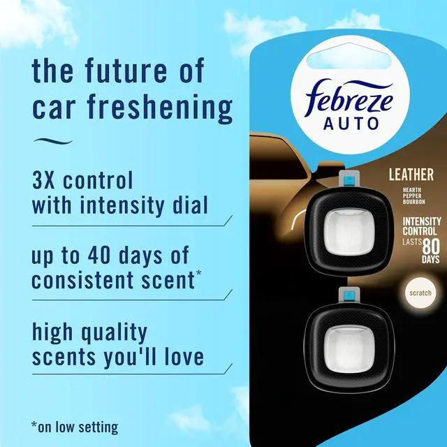 Alt view image 2 of 7 - Febreze AUTO Air Freshener, Odor-Fighting Automotive Vent Clip, Scented Car Accessories, Long Lasting for Strong Odors, Leather, 2 Count