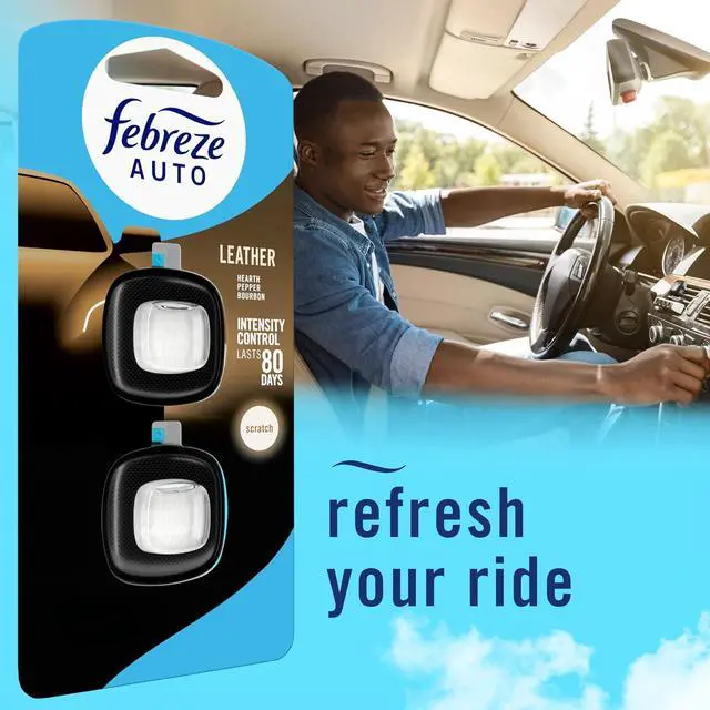Alt view image 7 of 7 - Febreze AUTO Air Freshener, Odor-Fighting Automotive Vent Clip, Scented Car Accessories, Long Lasting for Strong Odors, Leather, 2 Count