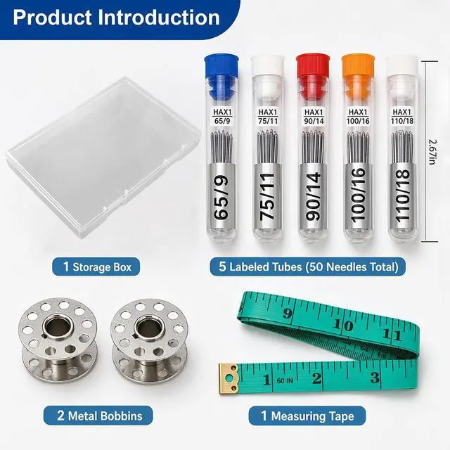 Alt view image 5 of 7 - 50 Pcs Universal Sewing Machine Needles HAX1 (65/9, 75/11, 90/14, 100/16 and Heavy Duty 110/18) Ideal for Various Fabrics, Compatible with Singer, Brother, Janome and Most Home Sewing Machine Brands