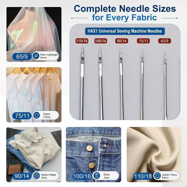 Alt view image 2 of 7 - 50 Pcs Universal Sewing Machine Needles HAX1 (65/9, 75/11, 90/14, 100/16 and Heavy Duty 110/18) Ideal for Various Fabrics, Compatible with Singer, Brother, Janome and Most Home Sewing Machine Brands