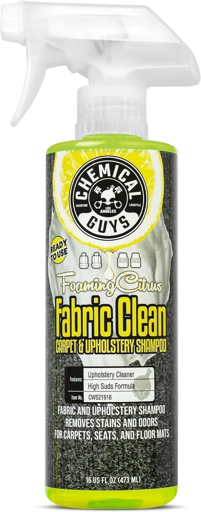 Main image of Chemical Guys, Citrus Fabric & Carpet Cleaner, Ready-to-Use Spray, 16 oz | Ready-to-use foaming spray lifts stains and odors from car seats, carpet and floor mats, safe on most fabrics