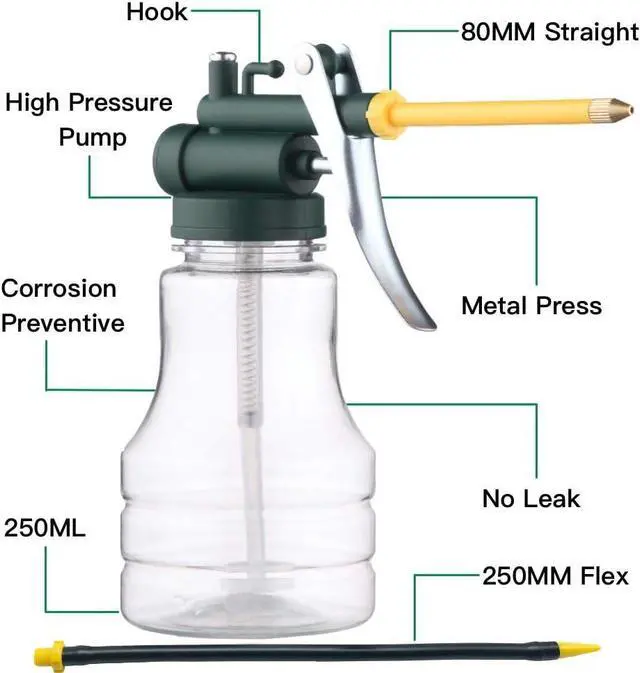 Alt view image 3 of 7 - Oil Can Transparent High Pressure Oiler Lubrication Oil Can Bottle Oiling Gun with Rigid & Flex Spout Thumb Pump Tool Oile