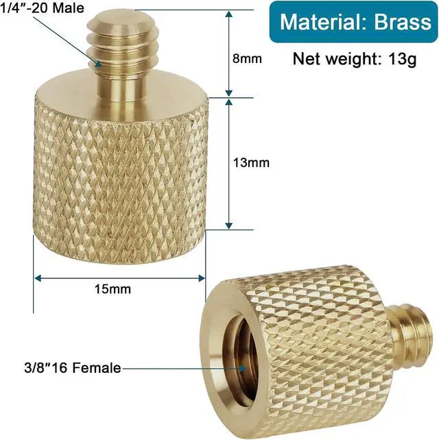 Alt view image 3 of 7 - Anwenk Standard 3/8"-16 Female to 1/4"-20 Male Tripod Thread Reducer Screw Adapter (Brass) Precision Made (2 Pack)