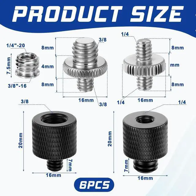 Alt view image 2 of 7 - Tripod Screw Adapter 6 Pcs Aluminum Threaded Converter 1/4 Male to 3/8 Female and 3/8 Male to 1/4 Female for Tripod Camera Monitor Mic Stand Light Stand