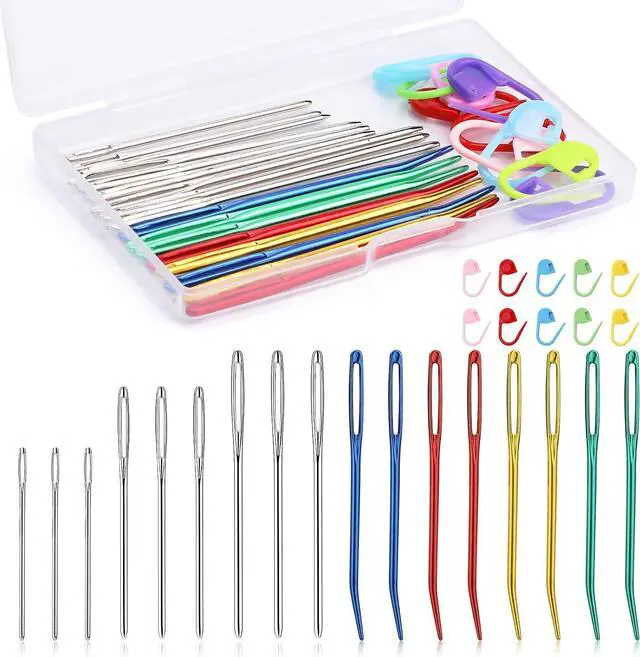Main image of Kogyxe 17 Pcs Steel Sewing Needles Kit Stainless Steel Sewing Needles | With Mix Color Stitch Markers, Weaving Needle Bent Tip Tapestry Needles Darning Knitting Sewing Needles for Knitting Crochet
