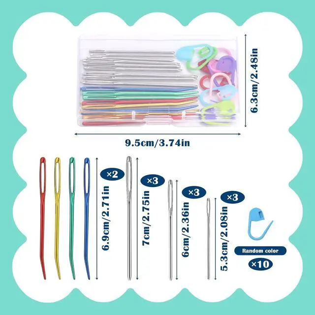 Alt view image 2 of 7 - Kogyxe 17 Pcs Steel Sewing Needles Kit Stainless Steel Sewing Needles | With Mix Color Stitch Markers, Weaving Needle Bent Tip Tapestry Needles Darning Knitting Sewing Needles for Knitting Crochet