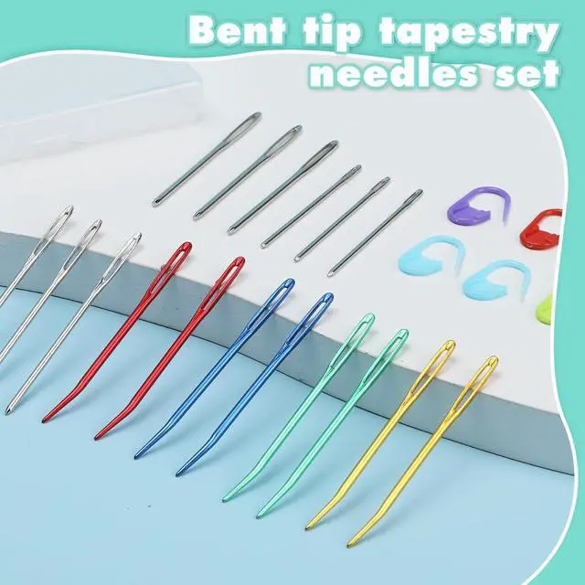 Alt view image 3 of 7 - Kogyxe 17 Pcs Steel Sewing Needles Kit Stainless Steel Sewing Needles | With Mix Color Stitch Markers, Weaving Needle Bent Tip Tapestry Needles Darning Knitting Sewing Needles for Knitting Crochet