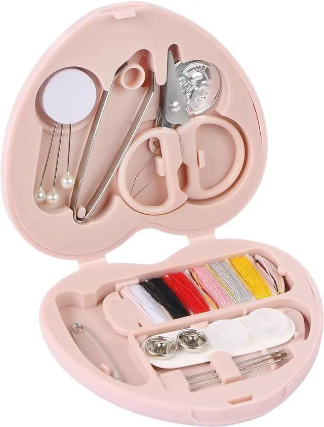 Main image of MIDELONG Heart Shaped Portable Travel Sewing Repair Kit - Mini Box with Threads, Scissors, DIY Hand Sewing Needles, Pink
