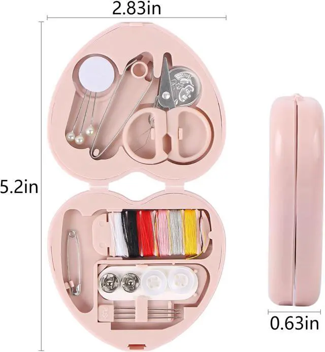 Alt view image 2 of 6 - MIDELONG Heart Shaped Portable Travel Sewing Repair Kit - Mini Box with Threads, Scissors, DIY Hand Sewing Needles, Pink