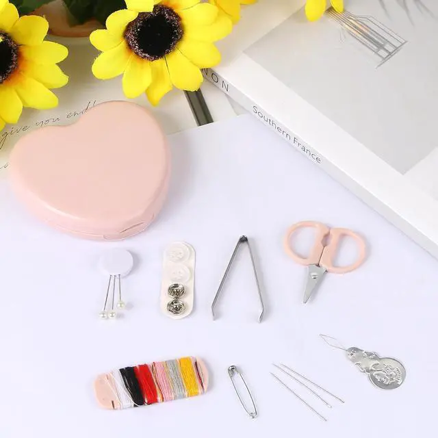Alt view image 6 of 6 - MIDELONG Heart Shaped Portable Travel Sewing Repair Kit - Mini Box with Threads, Scissors, DIY Hand Sewing Needles, Pink